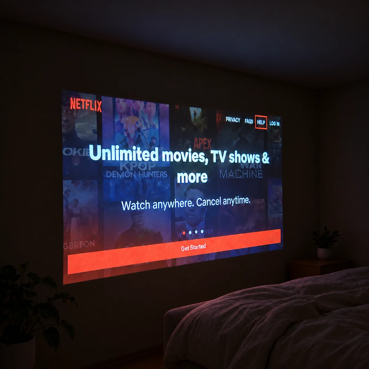 Netflixi avaleht magamistoa seinale projitseerituna